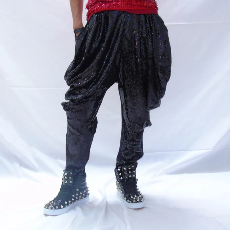 Tide Male Sequins Harem Long Pants Singer Dancer Hip Hop Rock Dance Performance Costume Nightclub Bar Pencil Trouser White Black