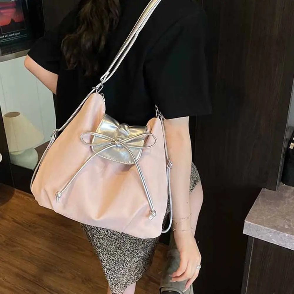

Solid Color Silver Bow Backpack Korean Style Versatile Balletcore Shoulder Bag Large Capacity Versatile Handbag Travel