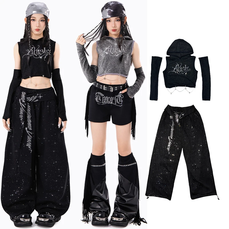 Children Hooded Vest Loose Pants Street Dance Hip Hop Clothing For Girls Group Kpop Jazz Drum Performance Stage Costumes XH5032
