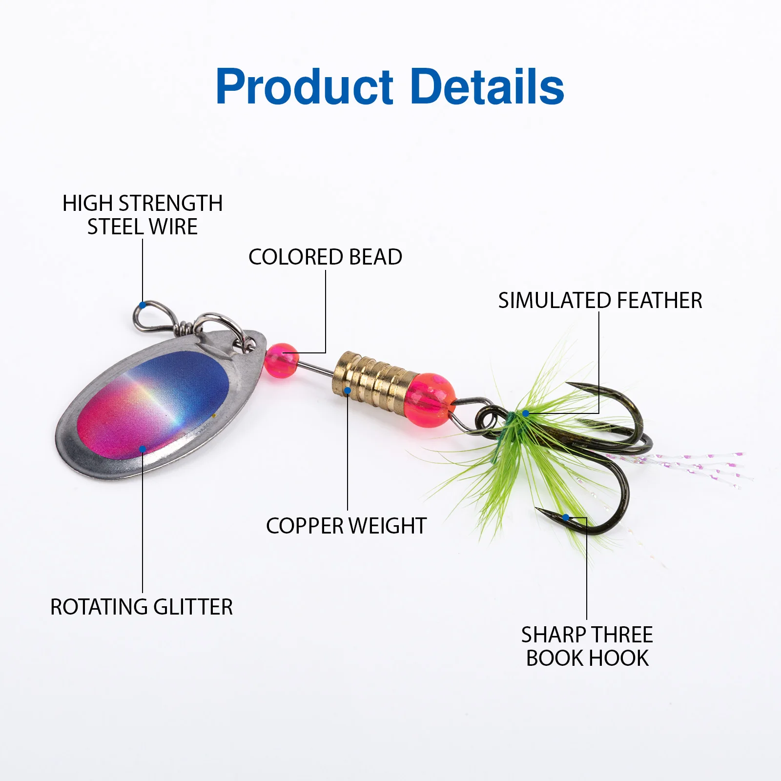 Rotating Spinner Fishing Lure 360° Flash Vibration Spoon Bait 12pcs/box 6cm with Feather Treble Hook Fishing Tackle Kit