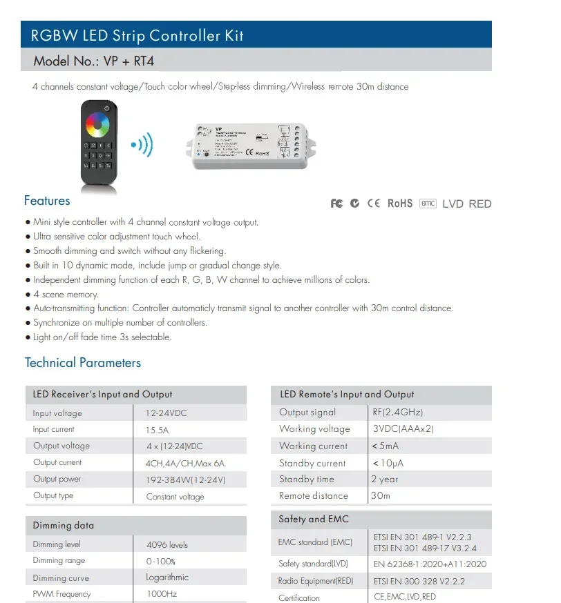 RGBW LED قطاع مجموعة التحكم RT4 R8-1 2.4G RF عن بعد + VP 4A * 4CH استقبال 1000 هرتز PWM ل RGBW LED قطاع أضواء الشريط DC12V-24V