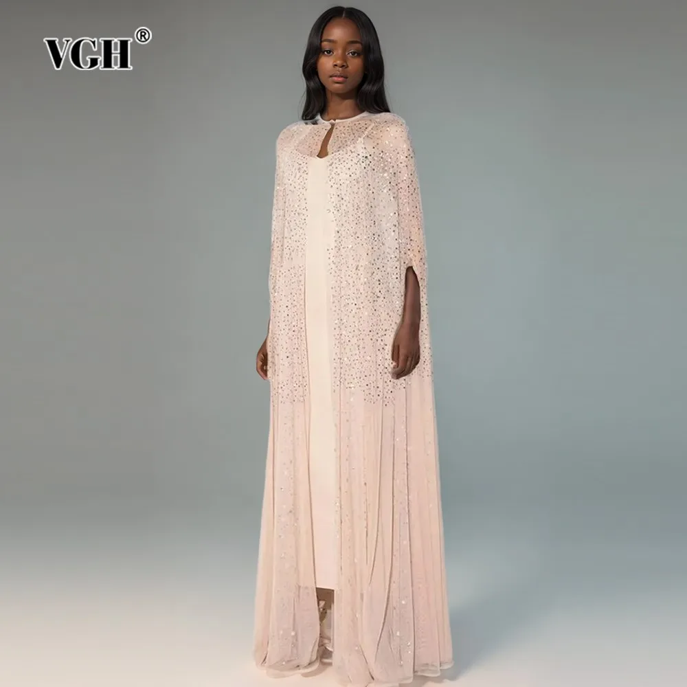 VGH Casual Spliced Sequins Long Dress For Women Round Neck Cloak Sleeves High Waist Patchwork Mesh Loose Dresses Female Fashion