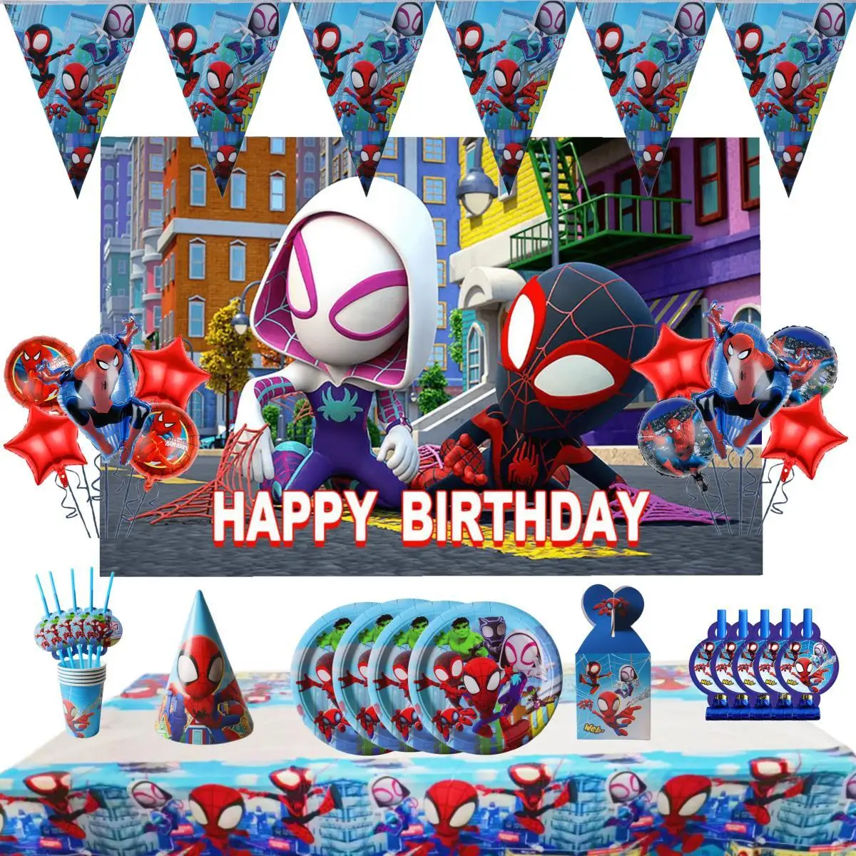 

Spiderman And His Magic Partner Balloons Happy Birthday Banners Party Decor Baby Shower Supplies Boy Disposable Tableware