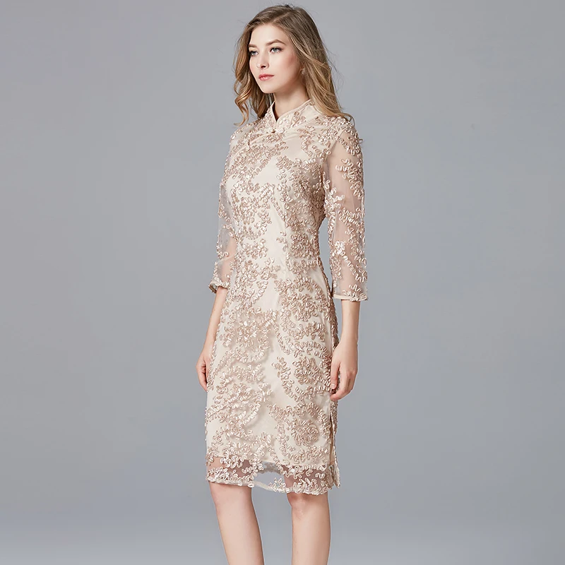 New Autumn Vintage Lace Dresses Style Stand Plus Size Dress Glod Color Embroidery A-Line Knee Length Women Lace Dresses 14230