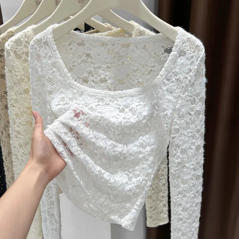 plus Size Lace Hollow out Long Sleeve T-Shirt Women's Fashion Mesh Top Sweet Spicy Pure Color Korean Style Commute Wind
