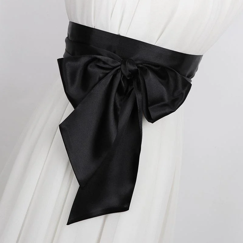 Extended Large Bowknot Silk Satin Belt Women's Wrap Dress Decoration Black Skirt Waist Seal Vintage Silk Fashion Accessory
