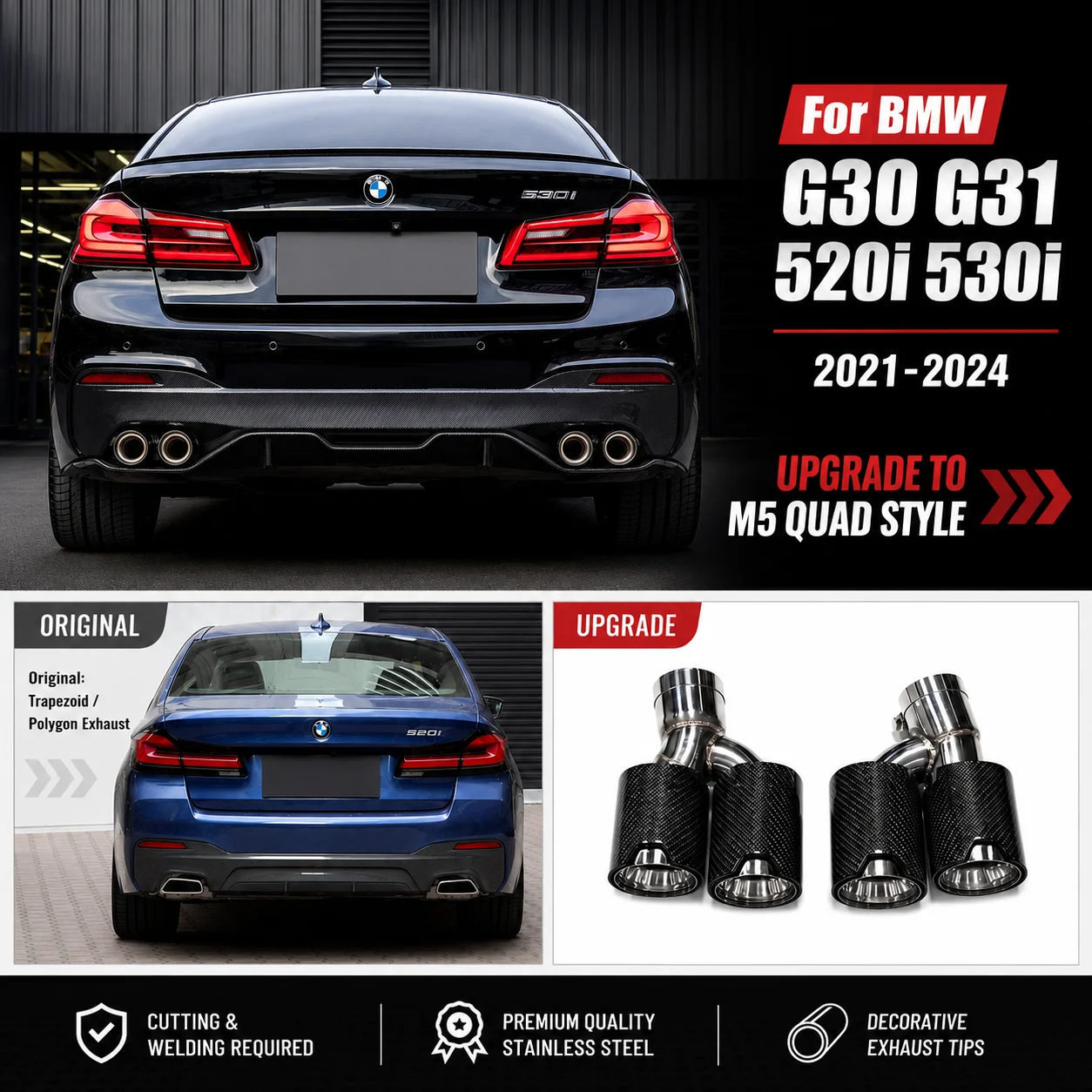 For 2017-2024 BMW G30/G31 Quad Exhaust Tips M5 Style Tailpipes For 530i 540i (M-Sport) Stainless Steel  Carbon Fiber Tailpipe