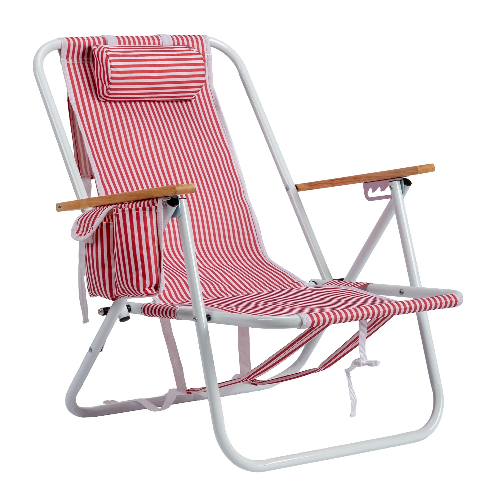 4-Position Adjustable Backpack Beach Chair, Foldable Rustproof Aluminum Frame Lounge Chair with Wooden Armrest, Side Storage Pockets & Detachable Pillow, 24
