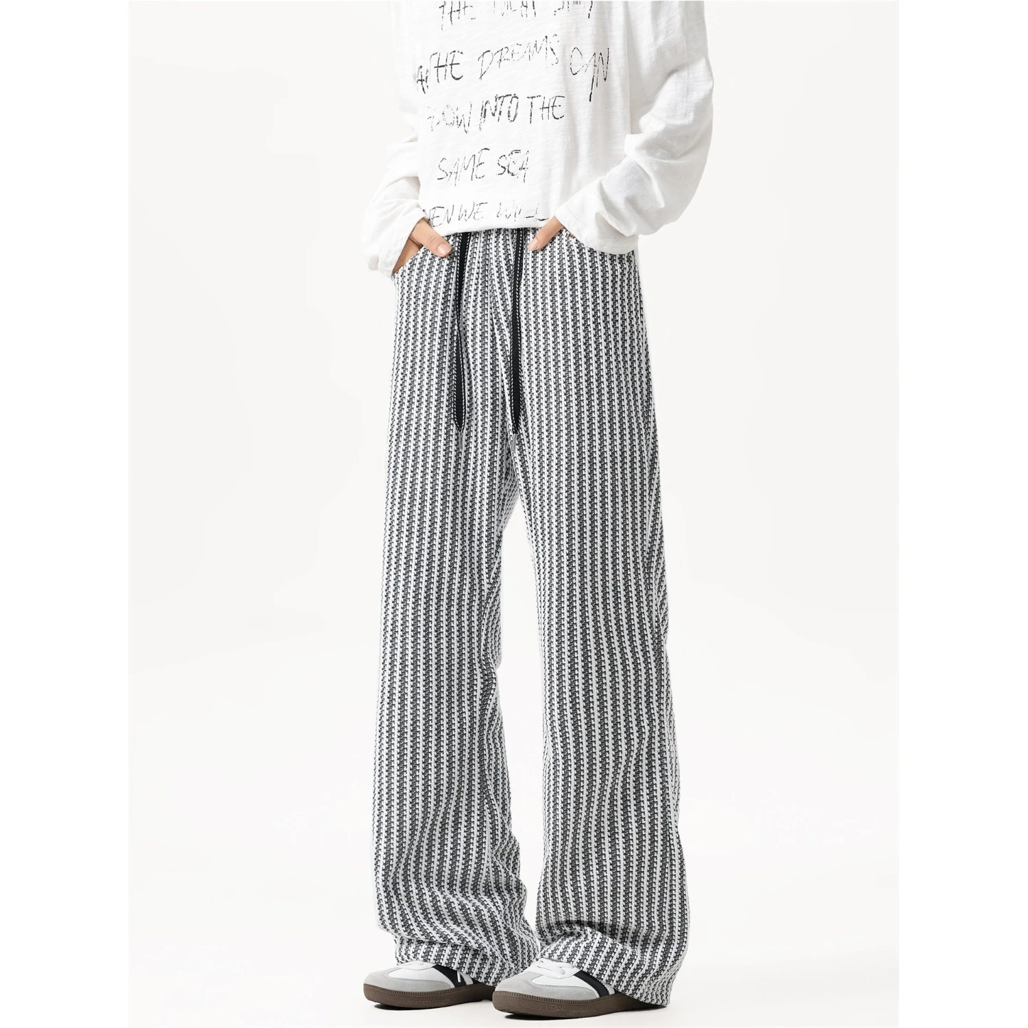 

Loose Men's Fibone Pattern Bell Bot American Lazy Sle Textured Loose Wide Leg Casual Sweatpants Polyester Fiber