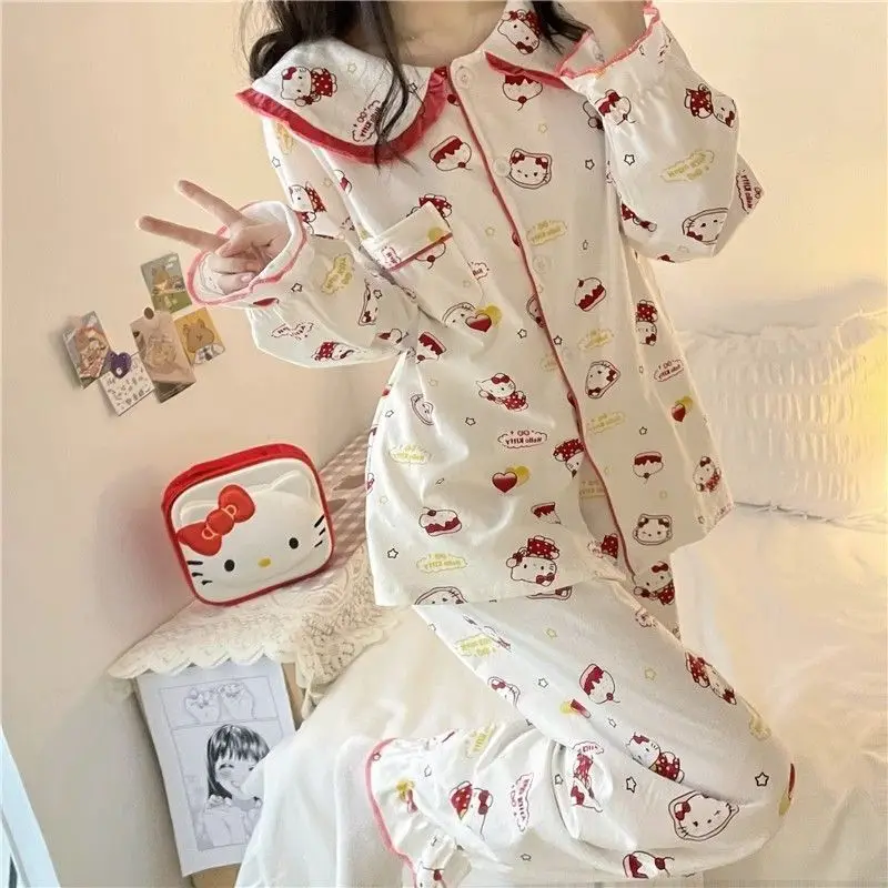 Anime Sanrioed Hello Kittys Pajamas Set Women\'s Clothing Kawaii Cartoon Kuromi Long Sleeves Student Home Wear Nightgown Suit