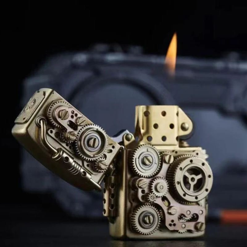 Creative Pure Copper  Kerosen e Lighter Personalized Mechanical Steampunk Lighter Gear Linkage Cool Men's Gift