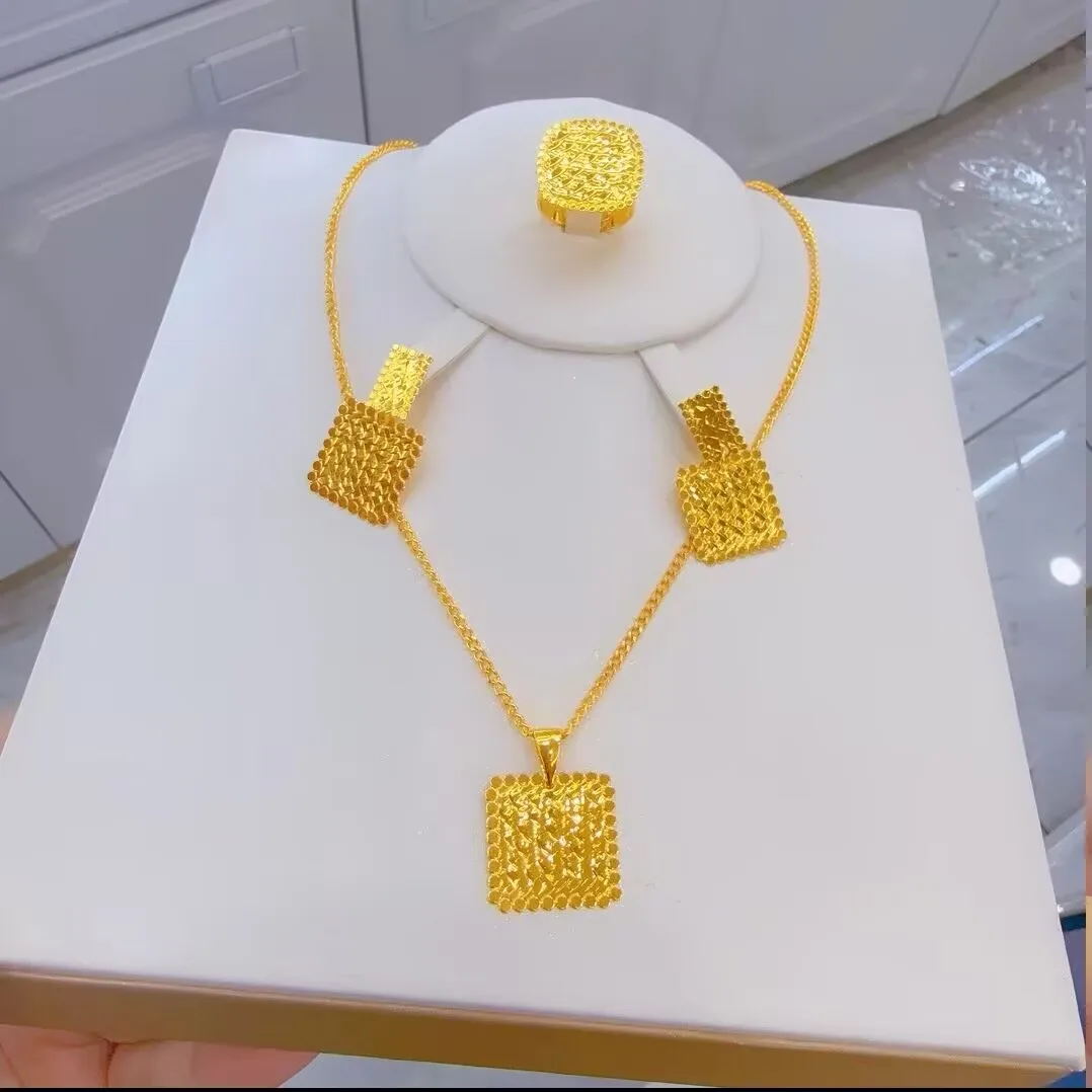 

New Dubai Nepal Spain 24K Gold Plated Alloy Necklace Earrings Ring Engagement Party Jewelry Set Gift for Women YY10682