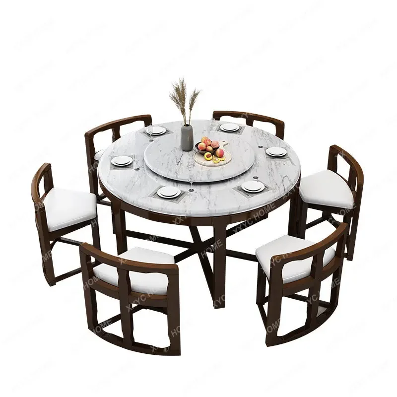 

Solid Wood Dining Tables and Chairs Set Household Small Apartment Modern Simple Invisible round Band Turntable Induction Cooker