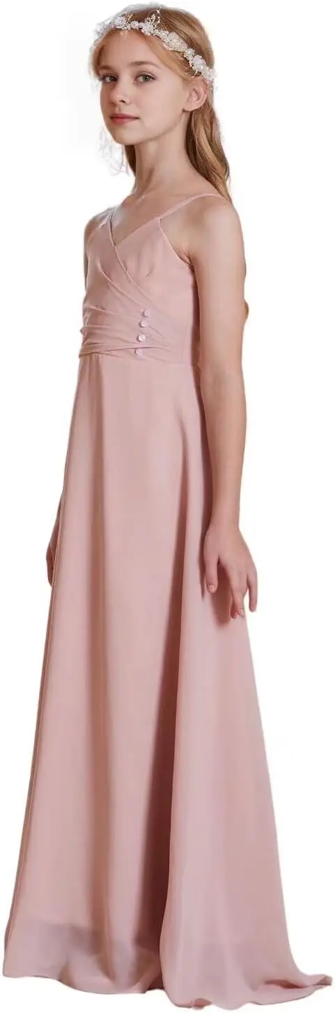 فساتين فتاة فاخرة على شكل حرف A فساتين وصيفة العروس الصغيرة من الشيفون للفتيات فستان الأميرة الطويلة فساتين رسمية بأشرطة قابلة للتعديل فستان بناتي