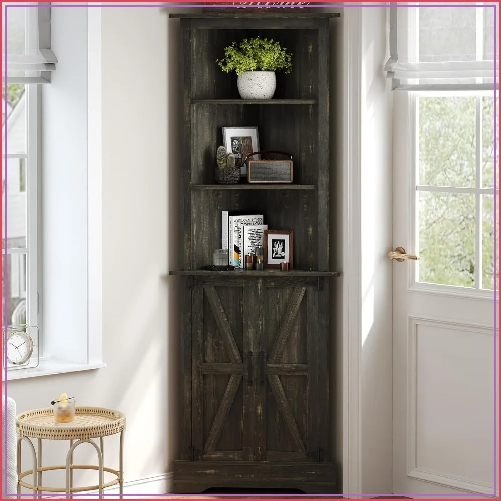 68" Tall Farmhouse Corner Cabinet with Barn Doors, Rustic Oak Finish