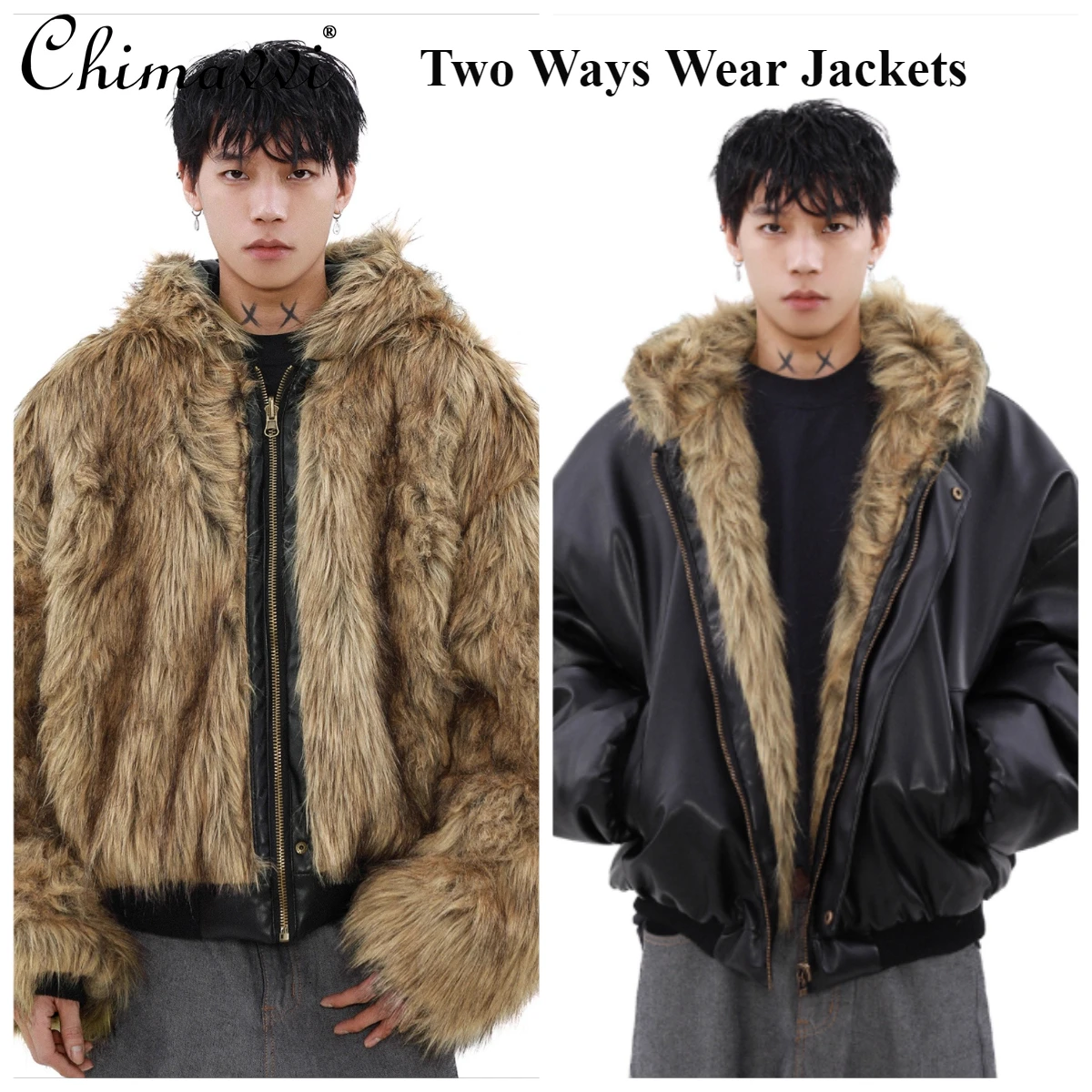 

2025 Men's Fashion High-end Long Sleeve Jackets Cotton Clothes Thick Plush Warm Double-sided Fur Integrated Coat PU Jacket Men