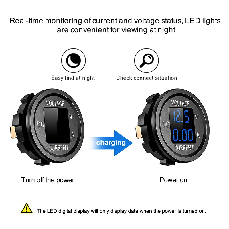 Upgraded 12V-24V Car Voltage VA Round LED Panel Digital Voltmeter Ammeter Tester Monitor for Car Motorcycle ATV RV Marine Truck