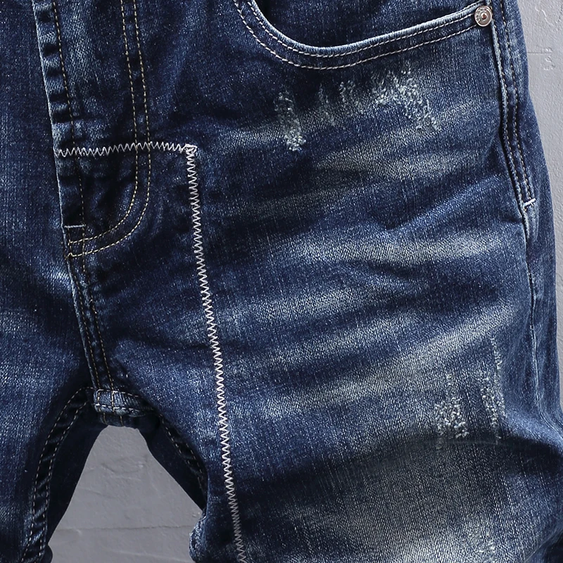 Italian Style Fashion Men Jeans Retro Dark Blue Elastic Stretch Slim Fit Ripped Jeans Men Vintage Designer Denim Pants Hombre