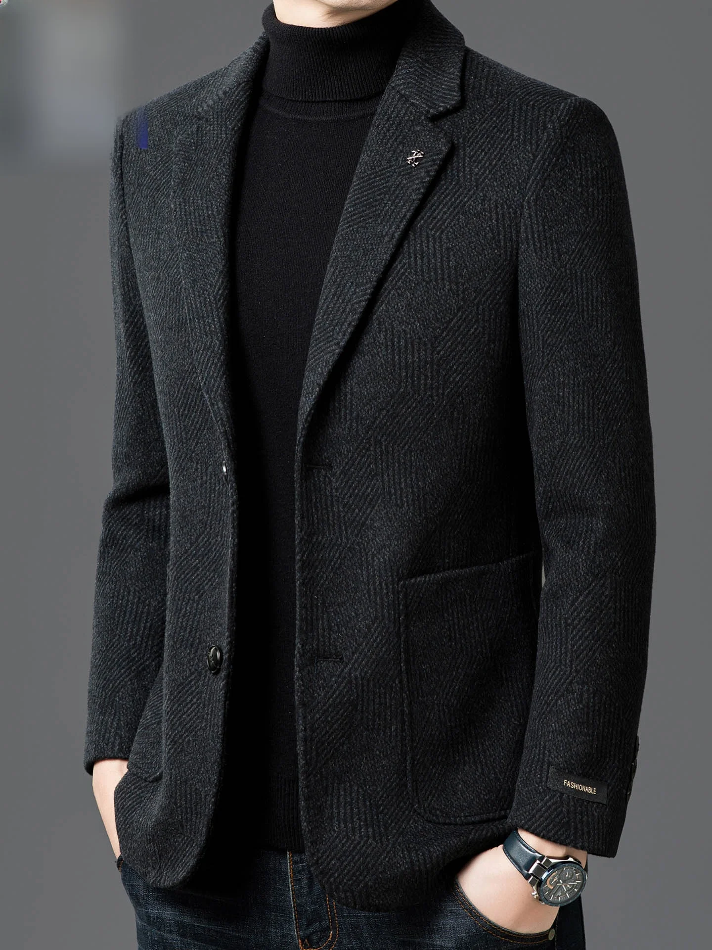 

Casual Slim Fit Woolen Suit Jaet Autumn Winter Sle for Middle-Aged Men Single Breasted Casual Faion Ci Polyester Blend