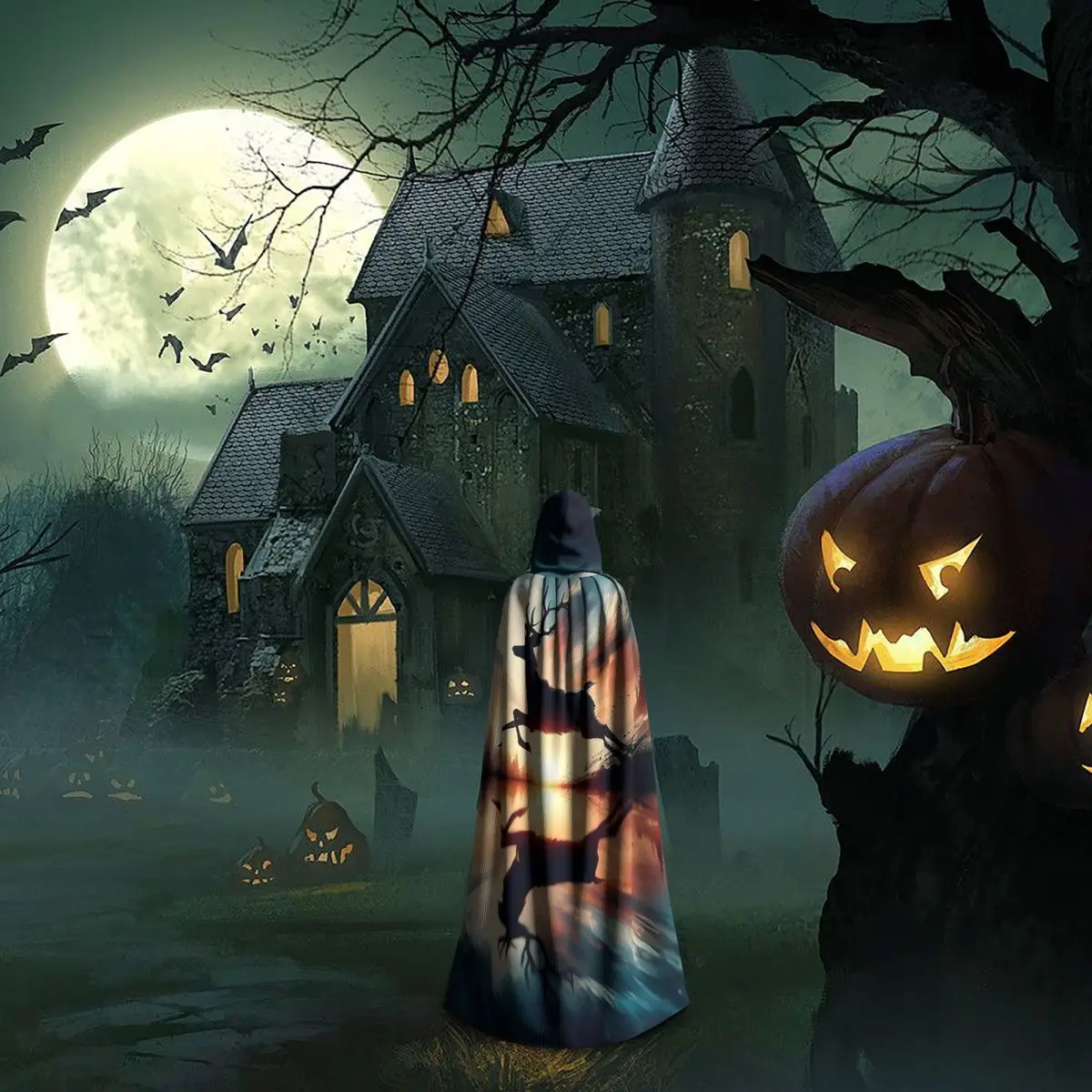 الغزلان انعكاس Ai توليد الفن طويل مقنعين عباءة الساحرة القرون الوسطى زي تأثيري كيب HalloweenParty الكبار للجنسين