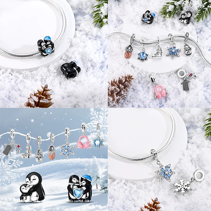 Original 925 Sterling Silver Charms Beads Winter Snowflake Snowman Igloo Penguin Pendants Fit Bracelet Charms Women Jewelry Gift