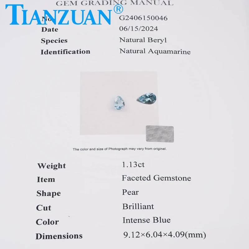 

1.13ct Natural Aquamarine Intense Blue Color Pear Shape Brilliant Cut Loose Gem Stone with GRC Certificate