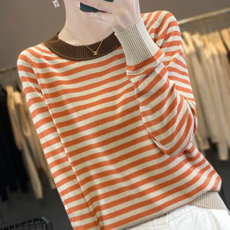 

Spring And Autumn New Fashion 100% Pure Wool Two-Color Striped Pullover Crewneck Long-Sleeved Sweater Women's Sweater top XZ206