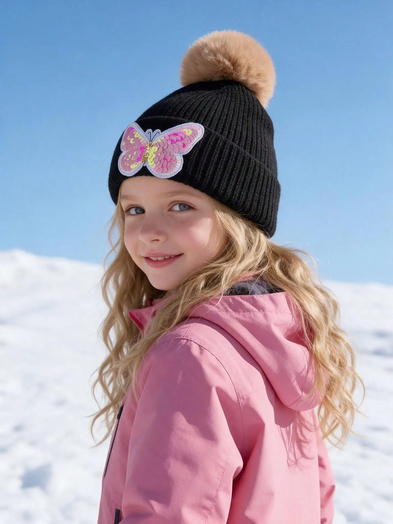 1pcs 3-10Y Kids Girls Cute Sequin Butterfly Pom Pom Knit Beanie, Trendy Knitted Hat with Fluffy Ball for Little Girls Daily