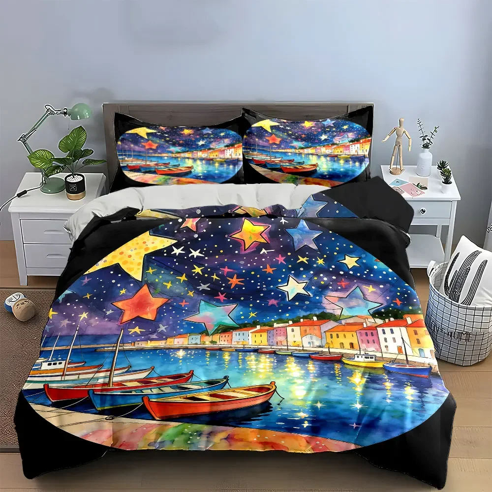 Starry Night Harbor Decoration Set Soft Comfortable Duvet Cover Bedding Set Included 1*Duvet Cover & 2*Pillowcases, gift