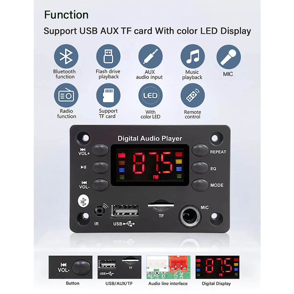 DC 5V 12V MP3 Player Bluetooth 5.0 Decoder Board Car FM Radio Lossless Audio Player DIY Kit Support USB TF AUX Remote Microphone