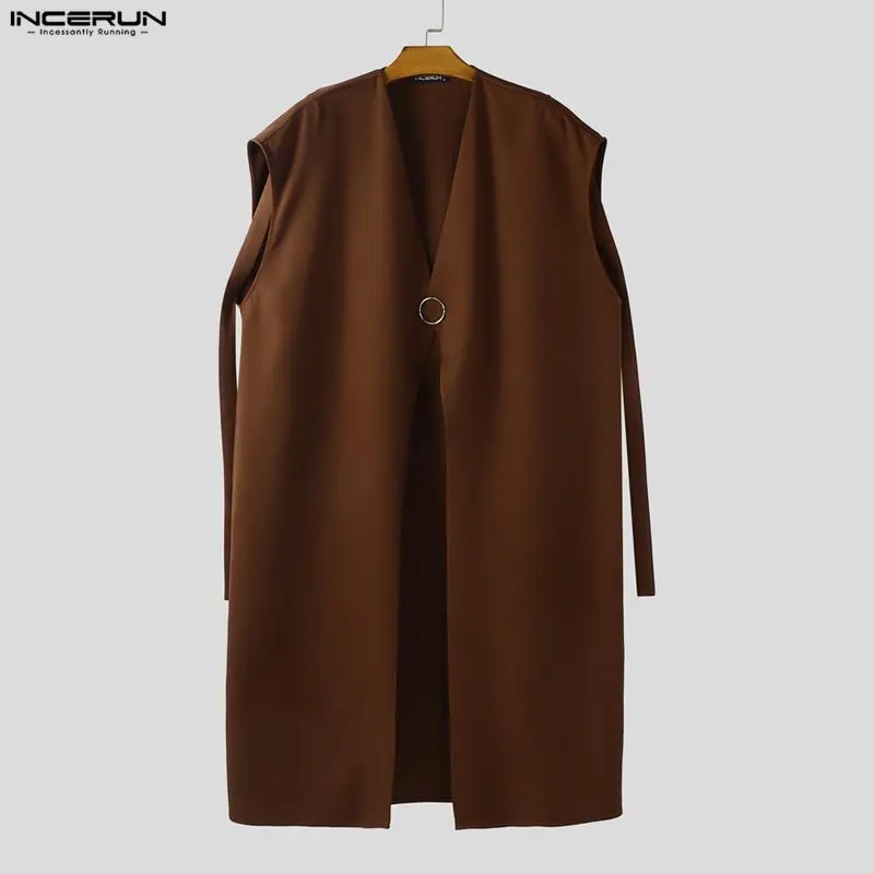 INCERUN سترات رجالية عباءة بلون واحد كبيرة الحجم بياقة على شكل V وزر واحد بدون أكمام صدريات للرجال ملابس الشارع الشهير موضة الرأس للرجال