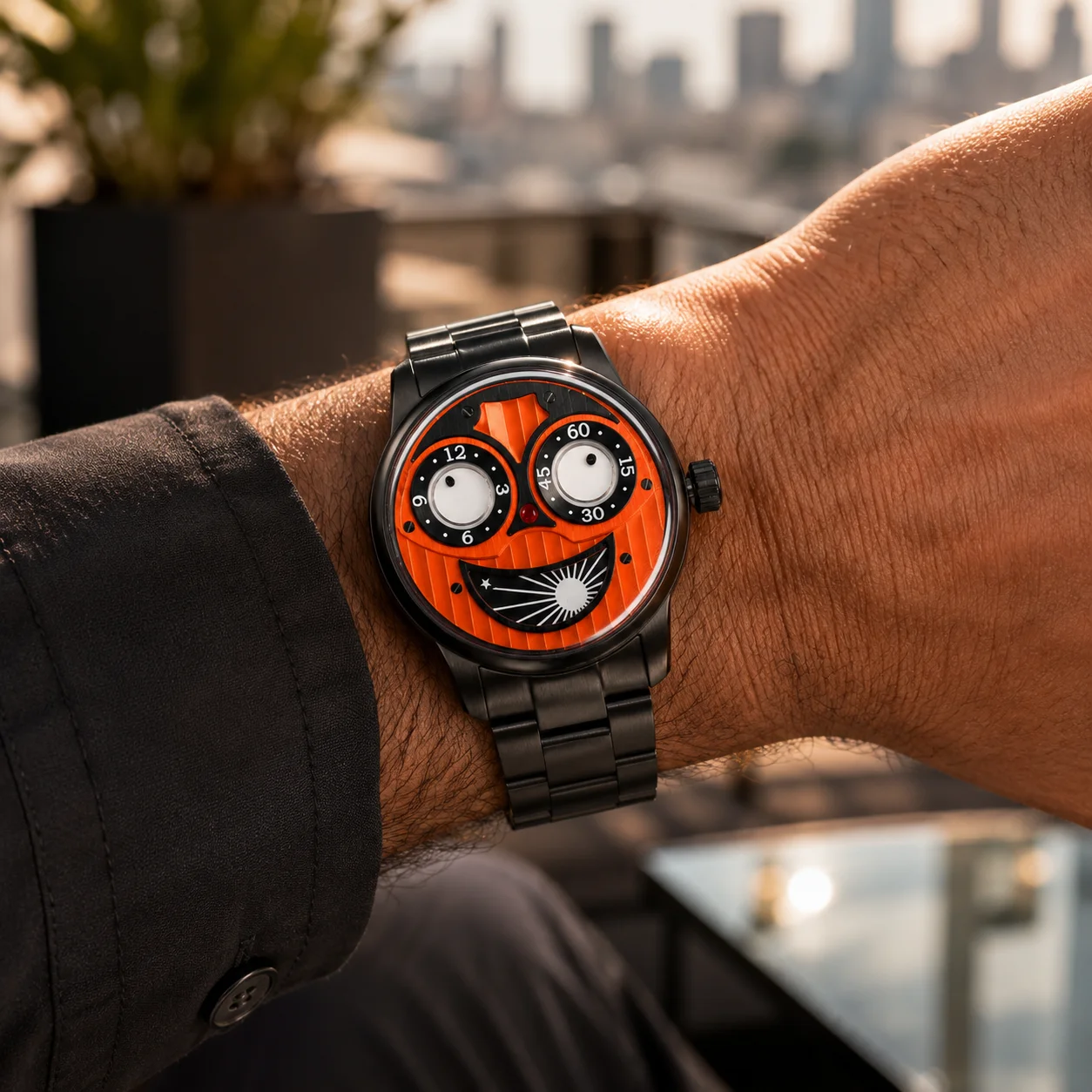 Oblvlo JM-JOKER Men's Black Stainless Steel Automatic Watch with Orange Dial Unique Joker Design Fashion Mechanical Wristwatch