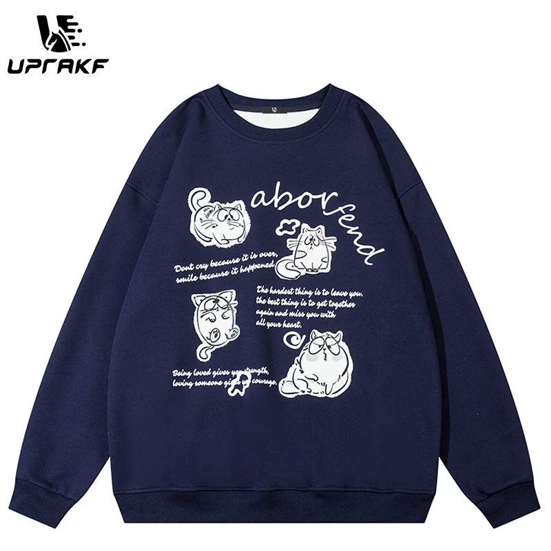 

UPRAKF Funny Cat Graphic Hoodie Long Sleeve Crew Neck Cartoon Print Casual Autumn Pullover Streetwear Oversize Clothing