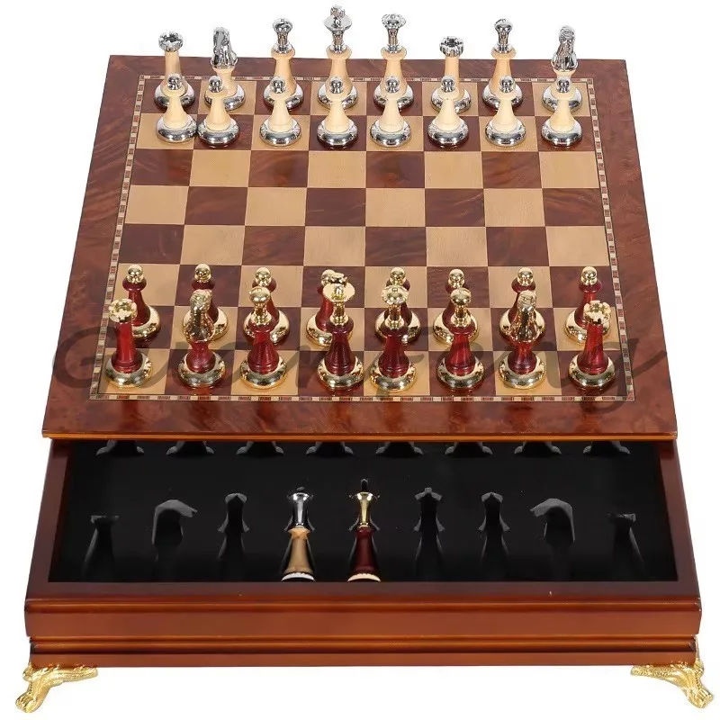 Ajedrez Europeo de Lujo, Juego de Ajedrez de Alta Gama con Cajón, Piezas de Madera Maciza con Incrustaciones Metálicas, Adornos de Escritorio