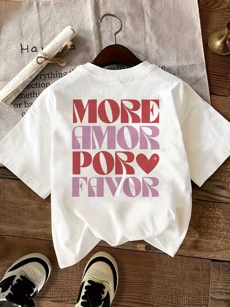 

Women's Casual Short-Sleeve T-Shirt MORE AMOR POR FAVOR Letter Print Heart Design Round Neck Spring/Summer/Fall Trendy Pattern