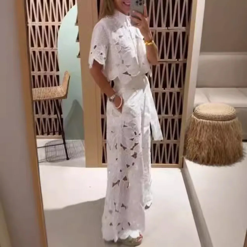 2025 European And American New Fashion Women's Lace Casual Two-Piece Set Summer Loose Shorts Top Outfit Vacation Beach Wear