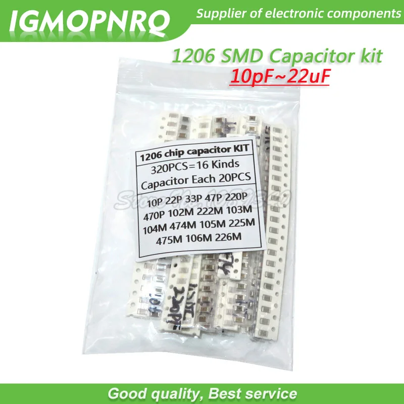 16 wartości każdy 20 sztuk = 320 sztuk 1206 SMD zestaw mieszanych kondensatorów 10pF ~ 22uF próbki elementów zestaw 10PF 22PF 1NF 10NF 100NF 10UF 22UF