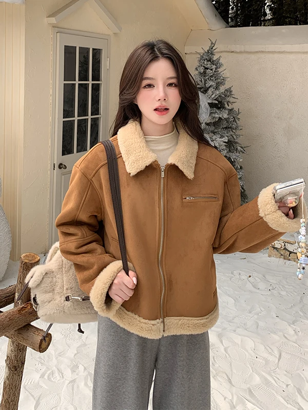 Damski płaszcz Thiened ort z futra jagnięcego, casualowy, ciepły, skórzano-futrzany płaszcz z kapturem na jesień i zimę.