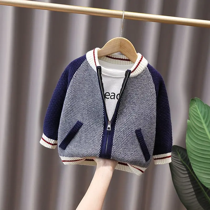 Boys Zip Up Cardigan Sweater 2026 Spring Autumn Color Block Knit Jacket Kids Casual Outerwear