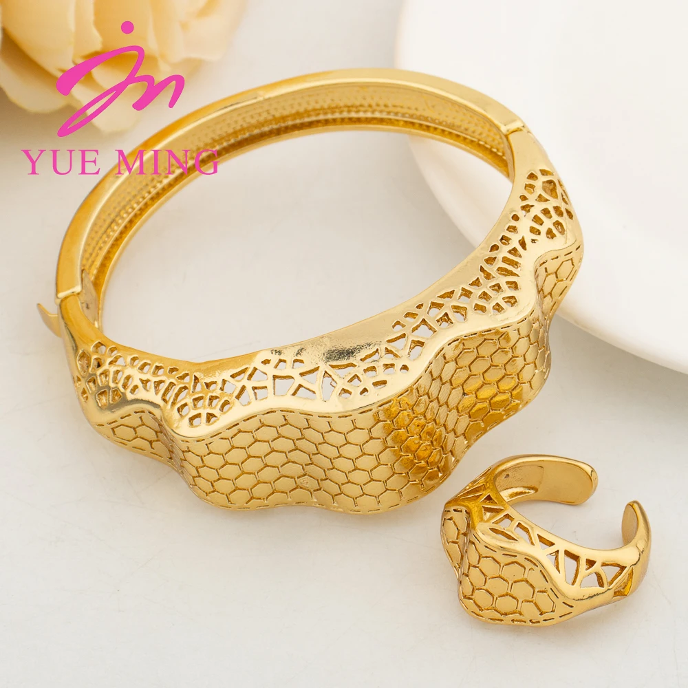 

New Charm Bracelet with Ring Party Dubai Gold Color Bangles Open Ring Fahion 2pcs Jewelry Sets for Women Gifts Jewelry Accessory