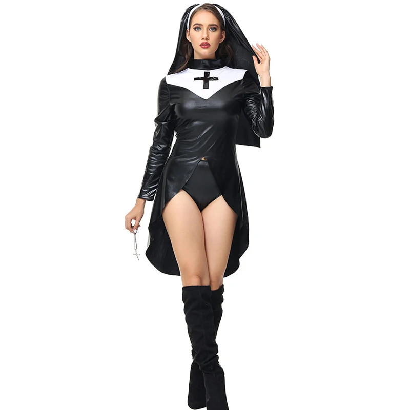 Carnevale Halloween Lady Leather Nun about Costume Church conyfriator Nurse Tuxedo Outfit Cosplay Party Fancy Dress