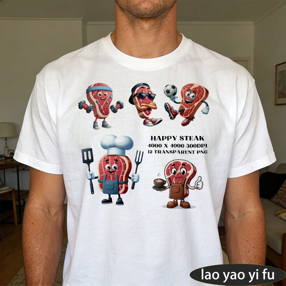 Happy Steak Cartoon Character Collection Sport Chef Coffee Graphic Men Summer T Shirt Funny Meat Lover Casual Short Sleeve Tee