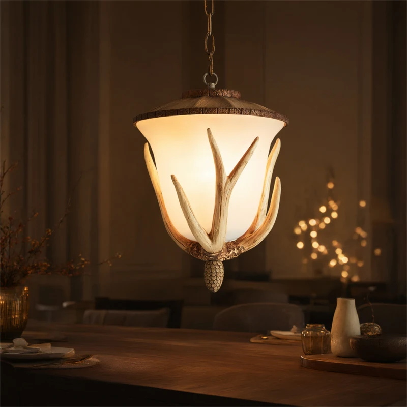 European Rural Style Deer Horn Ceramic Marble Chain Droplight LED Pendant Lamp for Restaurant Coffee Shop Bar Decorative Lightin