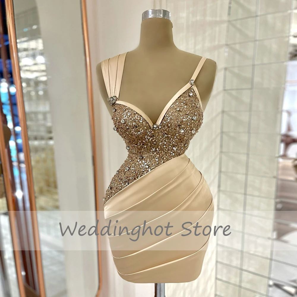 Mini Cocktail Dresses Champagne Satin V Neck Sleeveless 2022 Cocktail Gown Mermaid Sparkly Sequin Beading Short Party Dresses