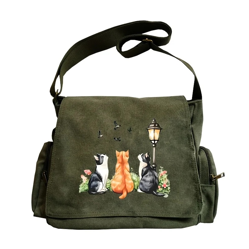 

Fashion Women's Bag Multiple Pockets Canvas Shoulder Bag Cat Print Student's Book Bag Laptop Bag