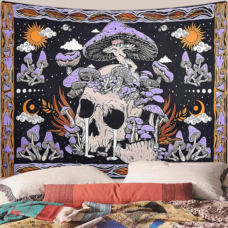 Tapestry Wall Decor Tapestry for Bedroom Skeleton Mushroom Moon Sun Mandala Room Decoration Wall Hanging 1pc