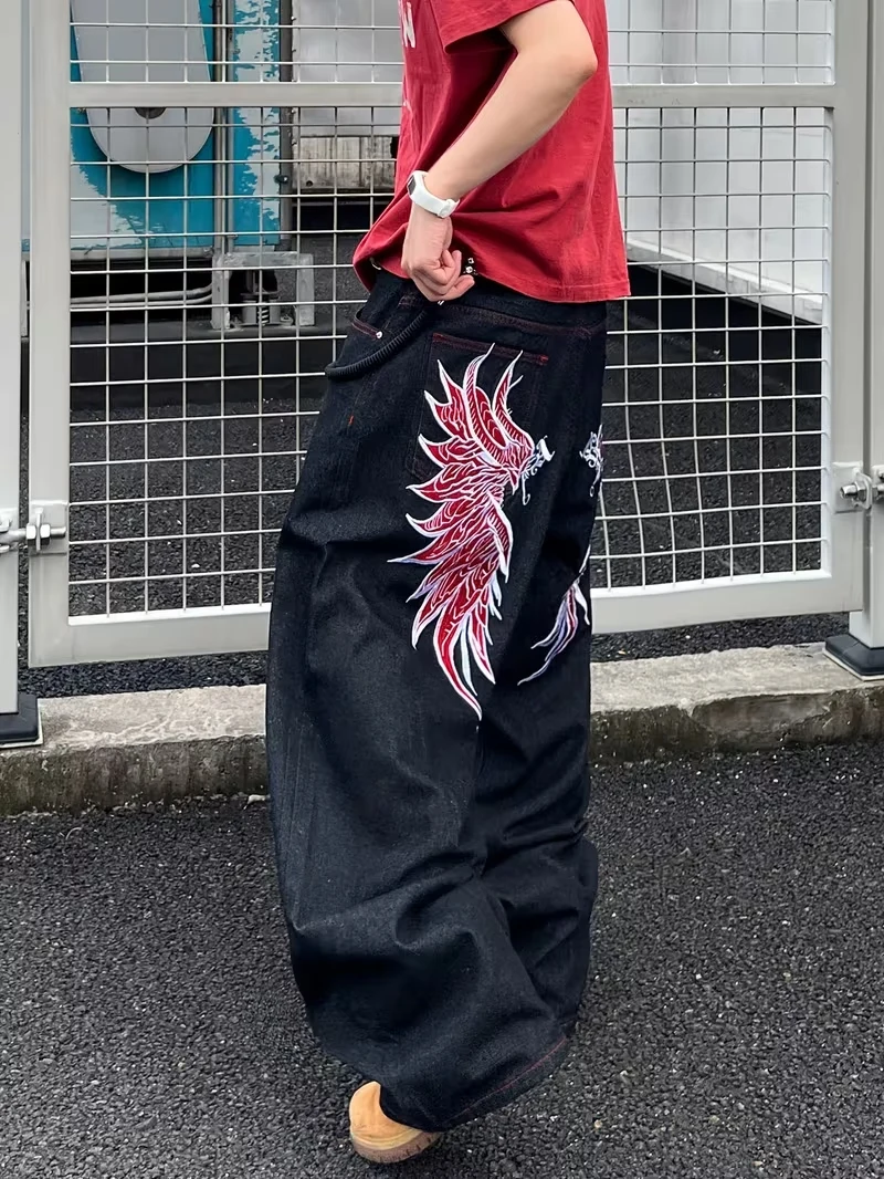 

Y2K Grunge Black Washed Jeans Men Red Phoenix Wing Print Baggy Wide Leg Streetwear Denim Pants