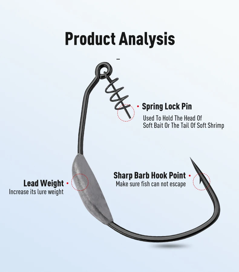 Kingdom Spring Fishing Hooks 3# 5# 6# 8# 10# Carbon Steel Lead Crank Hook with Spring Lock Soft Bait Fishing Gear Accessories