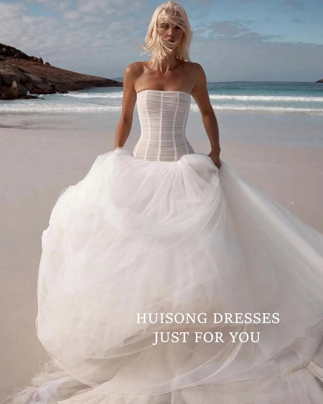 HUISONG vestidos de novia de tul personalizados sin tirantes sin mangas A-Line vestido de novia de playa vestidos de novia