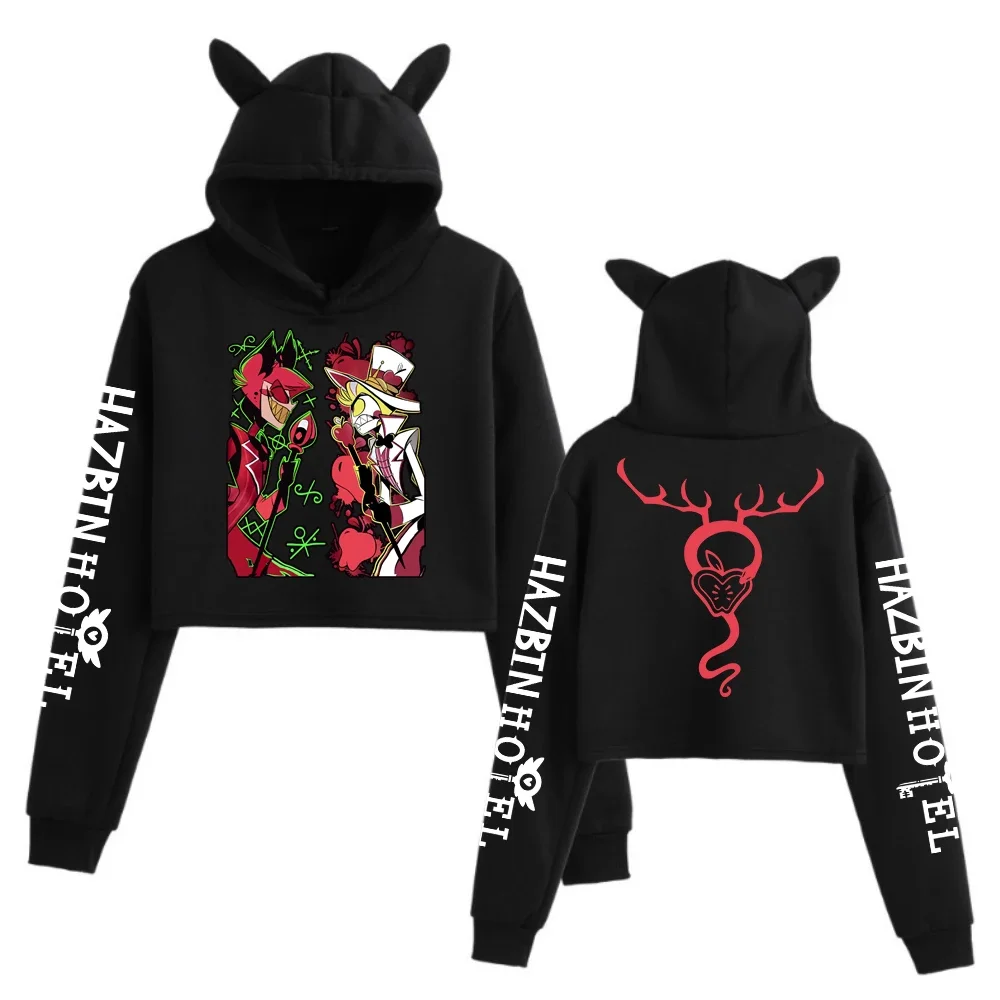 أنيمي هازبين فندق Alastor VS لوسيفر المحاصيل القمم آذان القط البلوز طويلة الأكمام الفتيات الأزياء هوديي